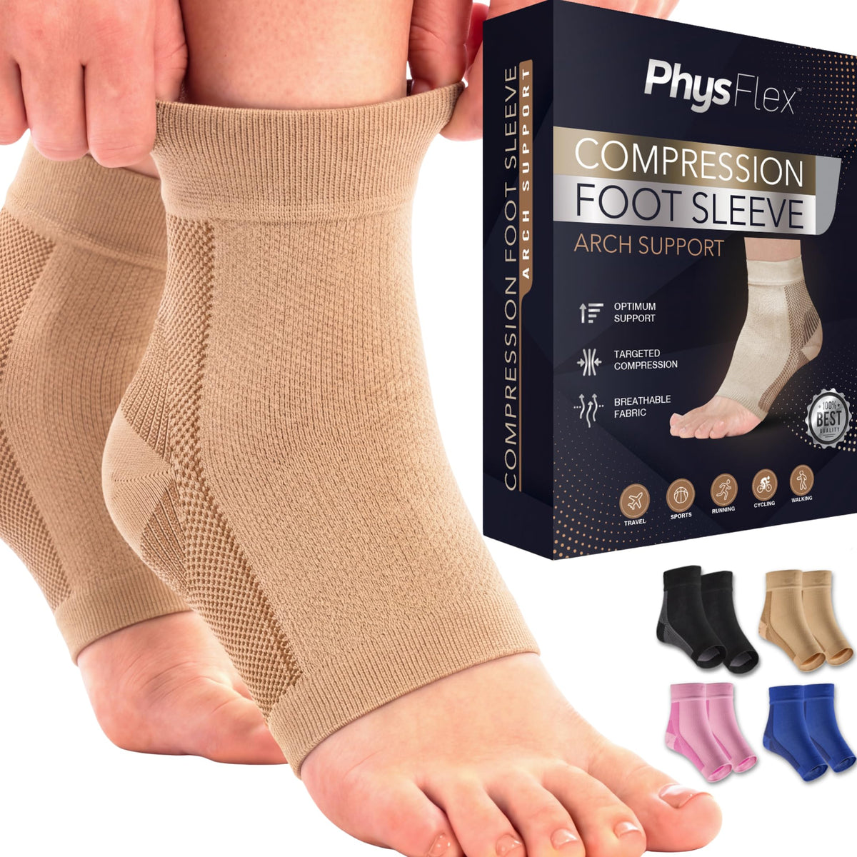 PhysFlex vista frontal del empaque mostrando diseño y compresión para soporte