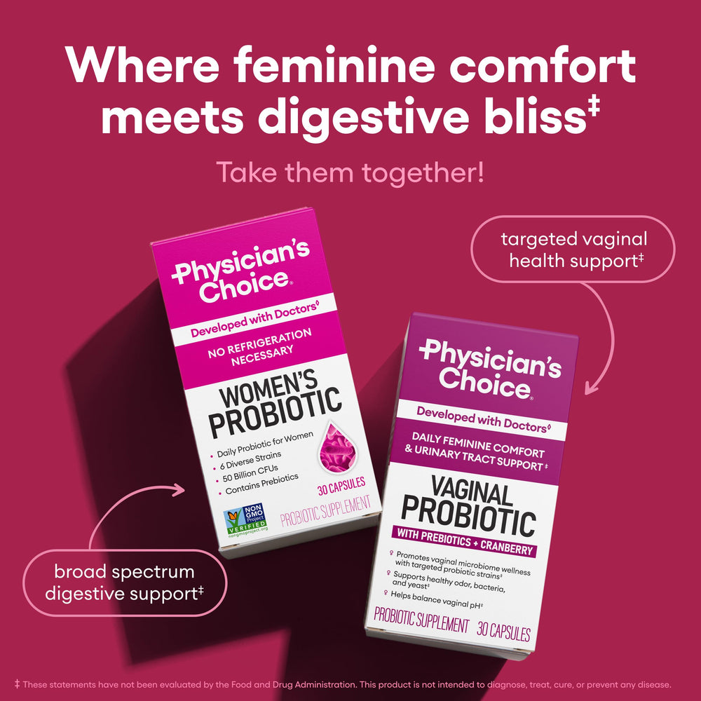 Physician's CHOICE envase en ambiente de baño transmitiendo cuidado femenino