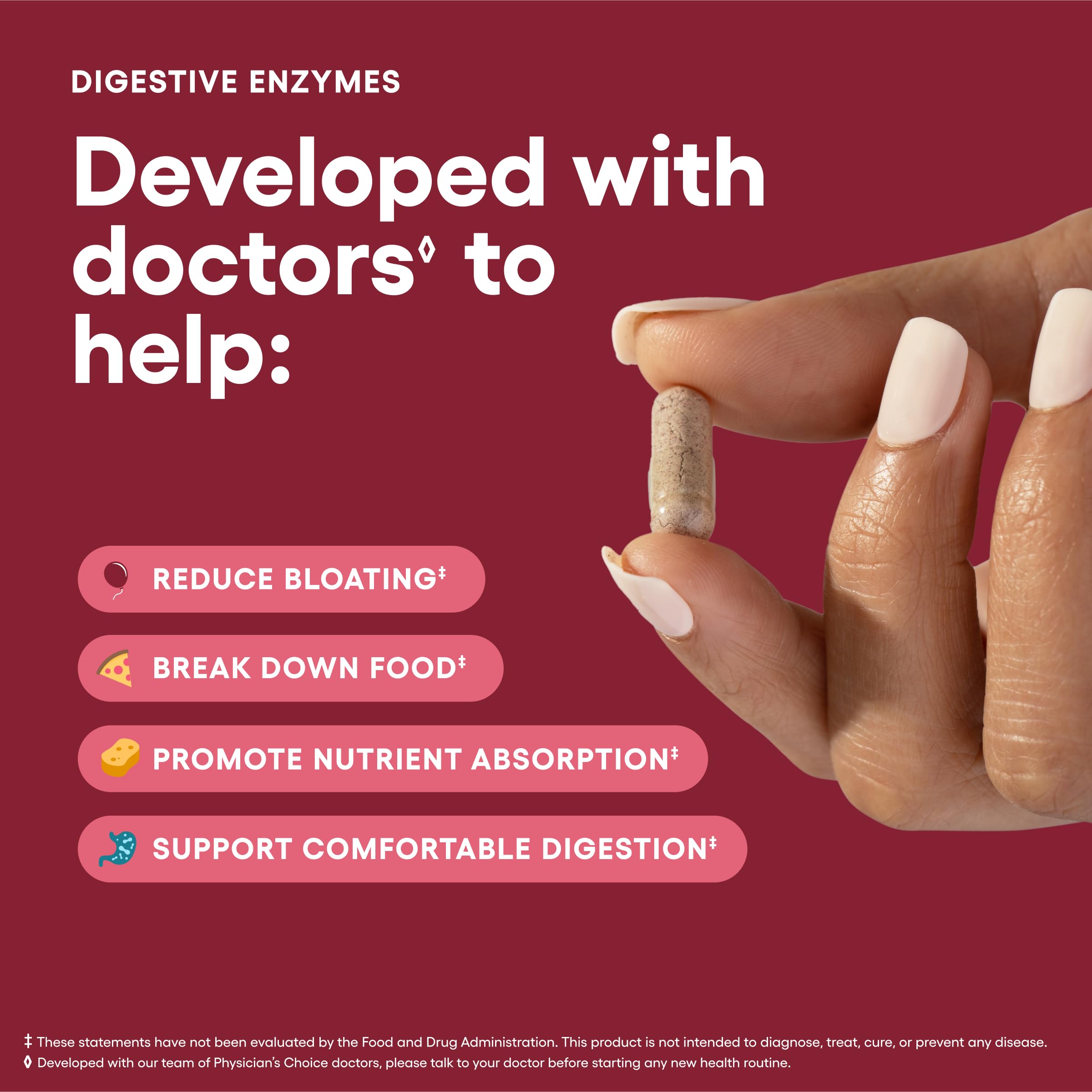 Physician's CHOICE en uso junto a un plato para aliviar molestias digestivas