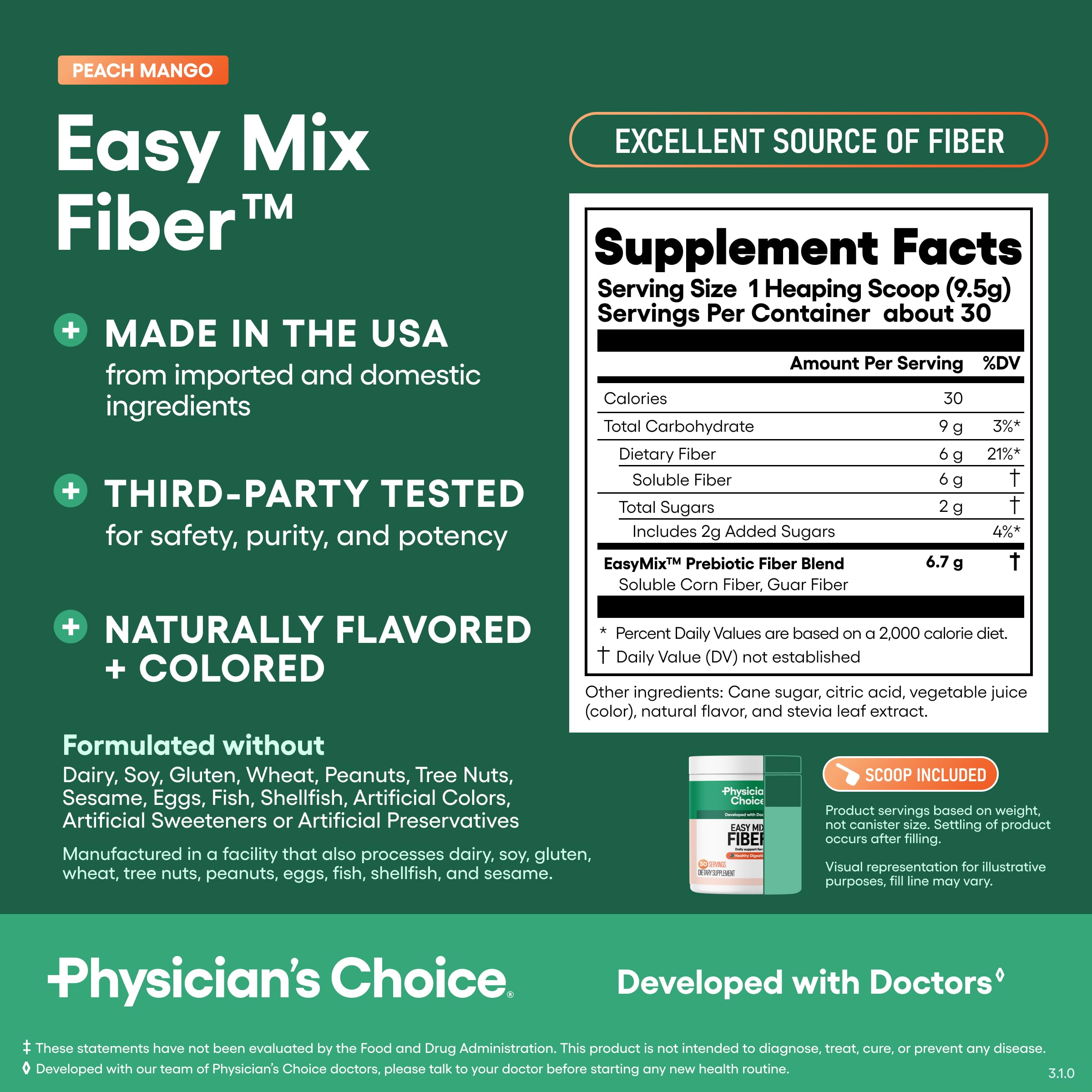Physician's CHOICE envase junto a una regla para mostrar tamaño y 30 porciones