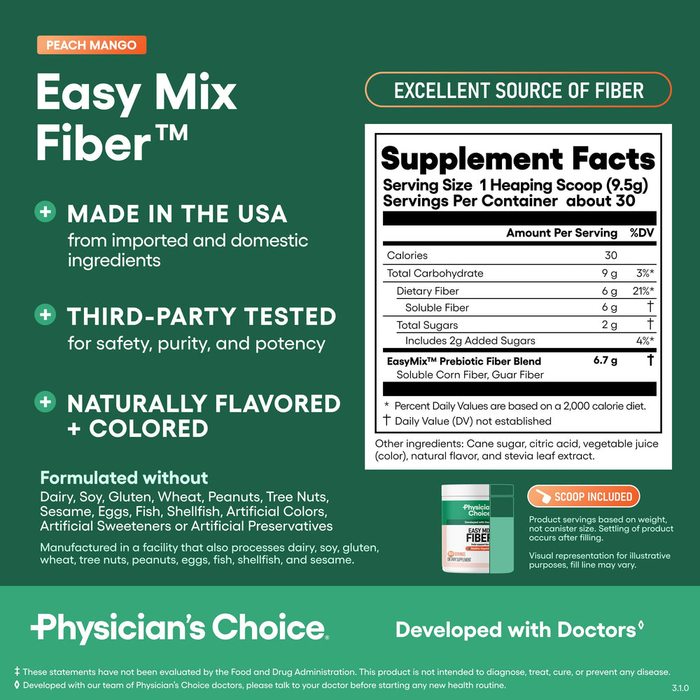 Physician's CHOICE envase junto a una regla para mostrar tamaño y 30 porciones