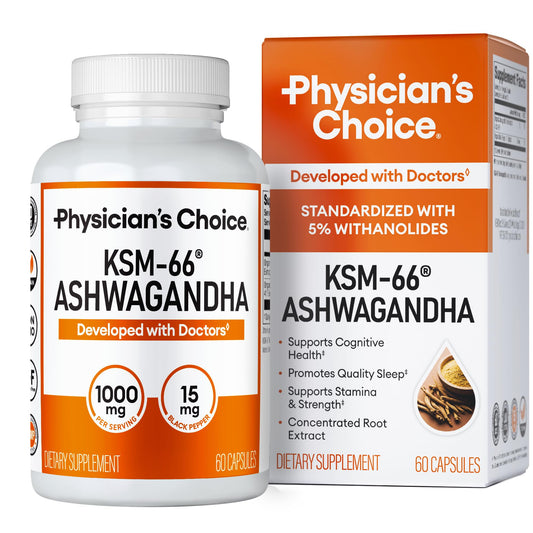 Physician's CHOICE frasco delante mostrando 60 cápsulas y beneficio de dosis consistente