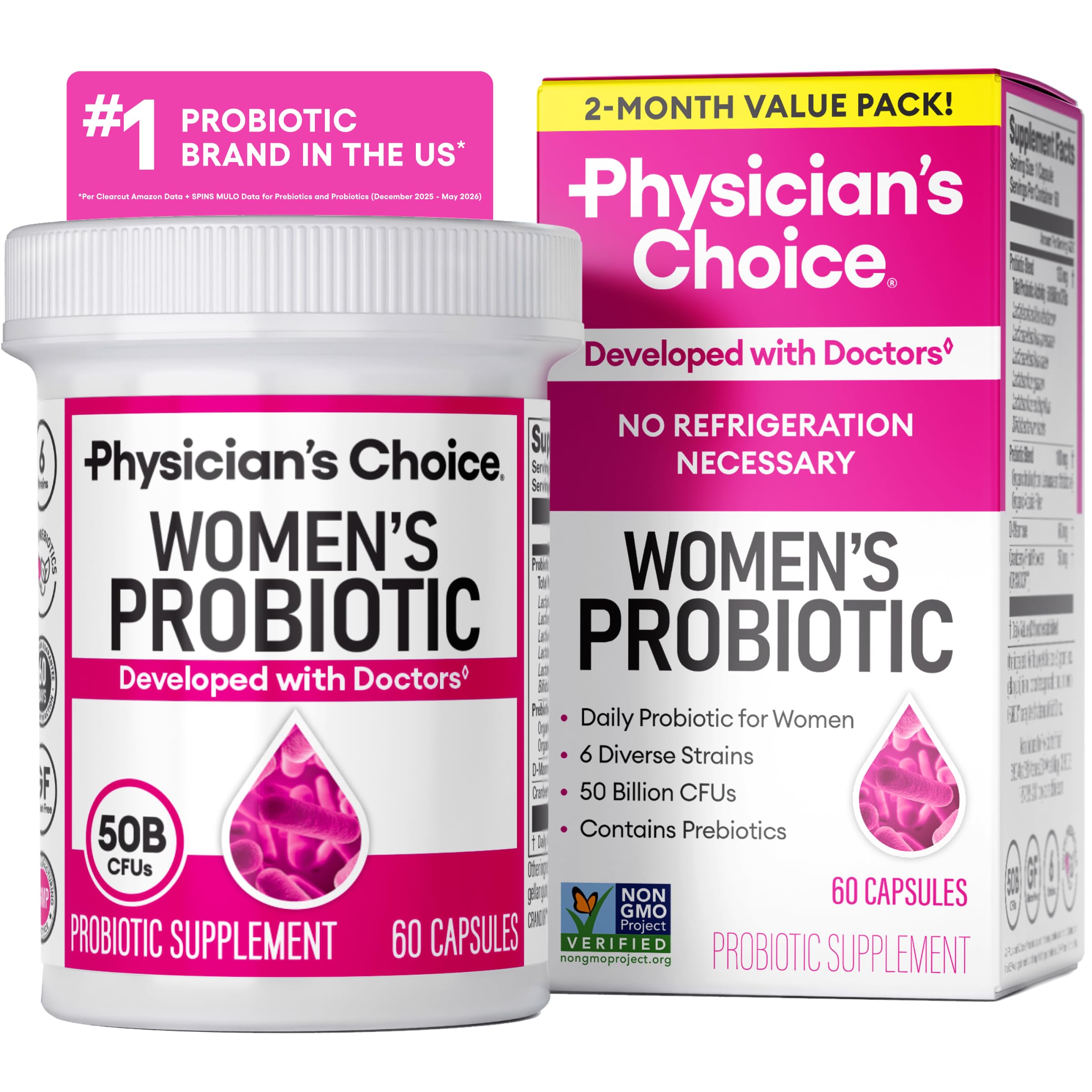 Physician's CHOICE frente del empaque mostrando concentración 50B UFC y beneficio digestivo
