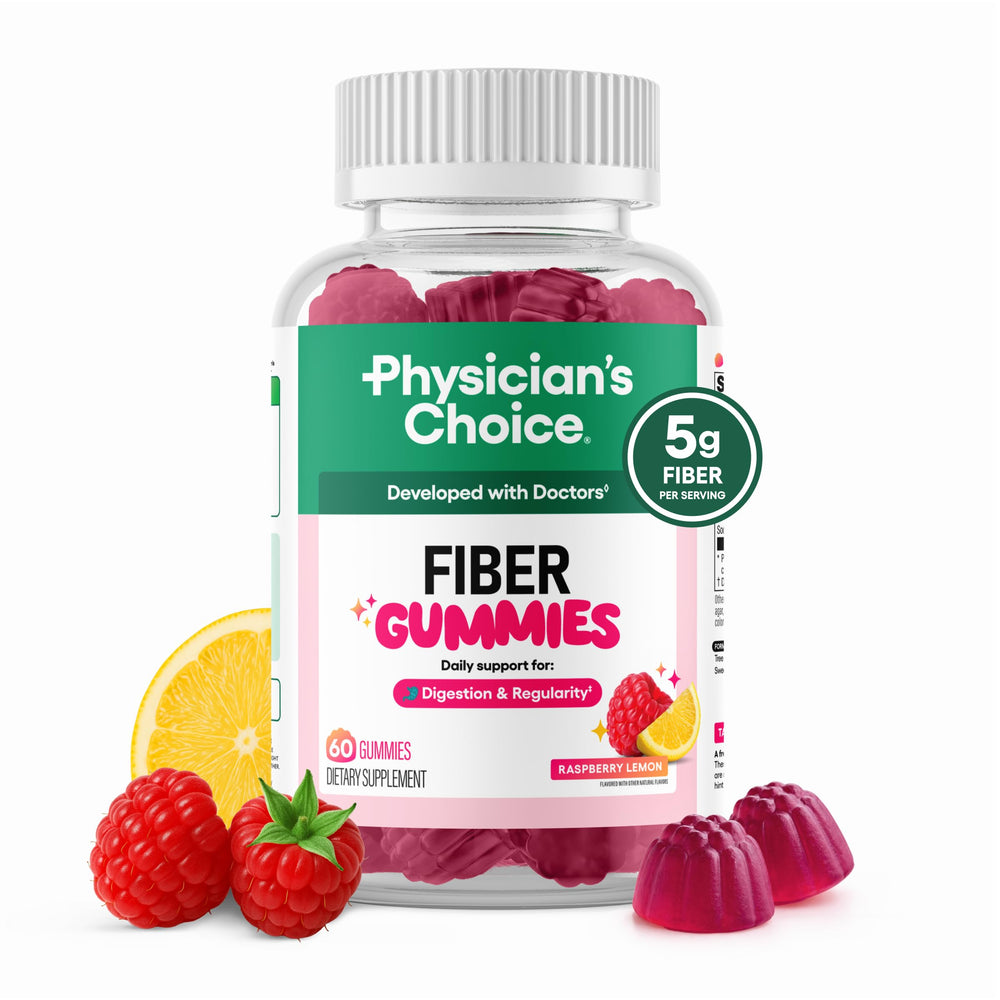 Physician's CHOICE frente del envase mostrando gominolas y beneficio de fibra