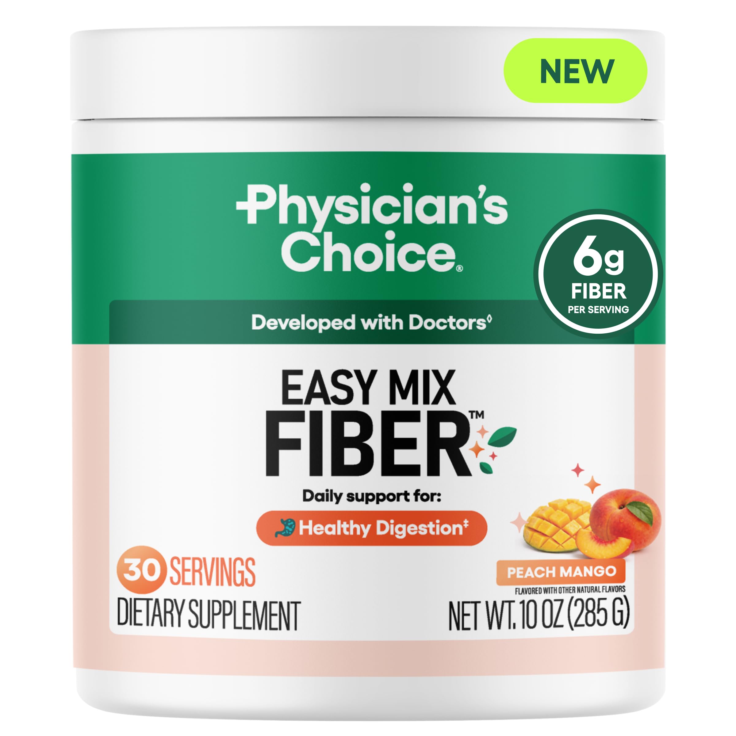 Physician's CHOICE frente del empaque peach mango mostrando porciones y sello de calidad
