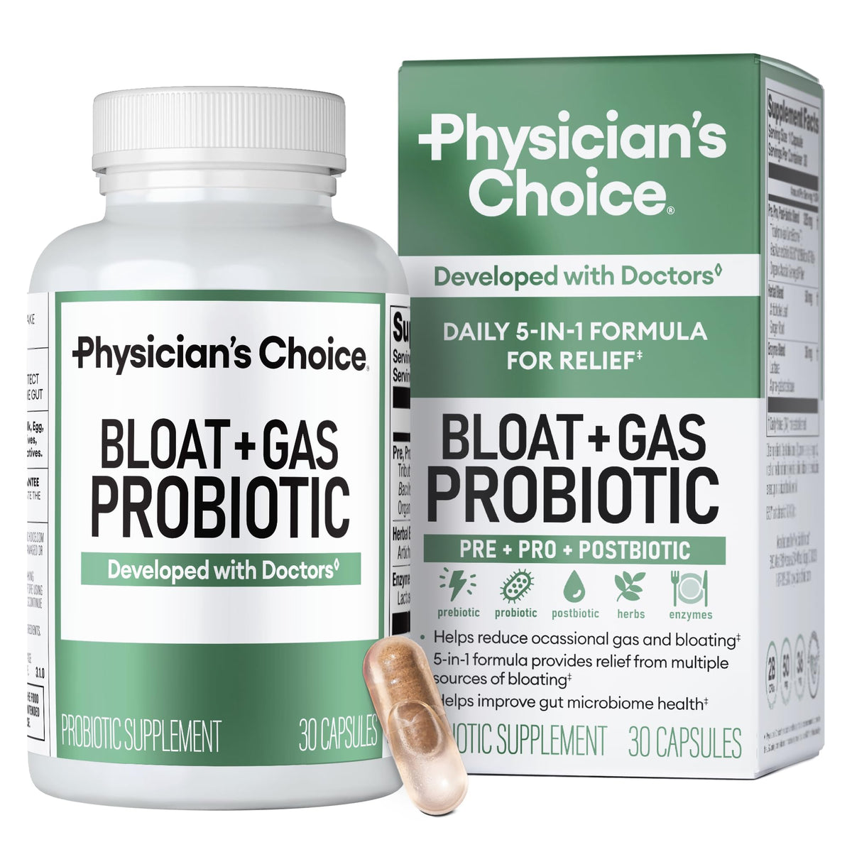 Physician's CHOICE vista frontal del envase que muestra 30 cápsulas y beneficios