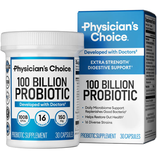 Physician's CHOICE vista frontal del envase que resalta 100 mil millones UFC y beneficios
