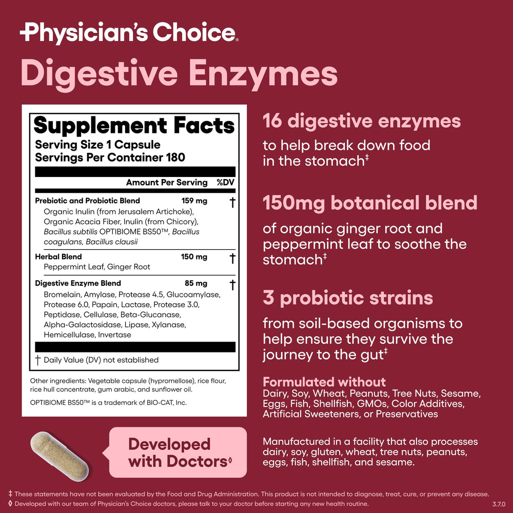 Physician's CHOICE primer plano del polvo de enzimas destacando su aspecto fino y solubilidad