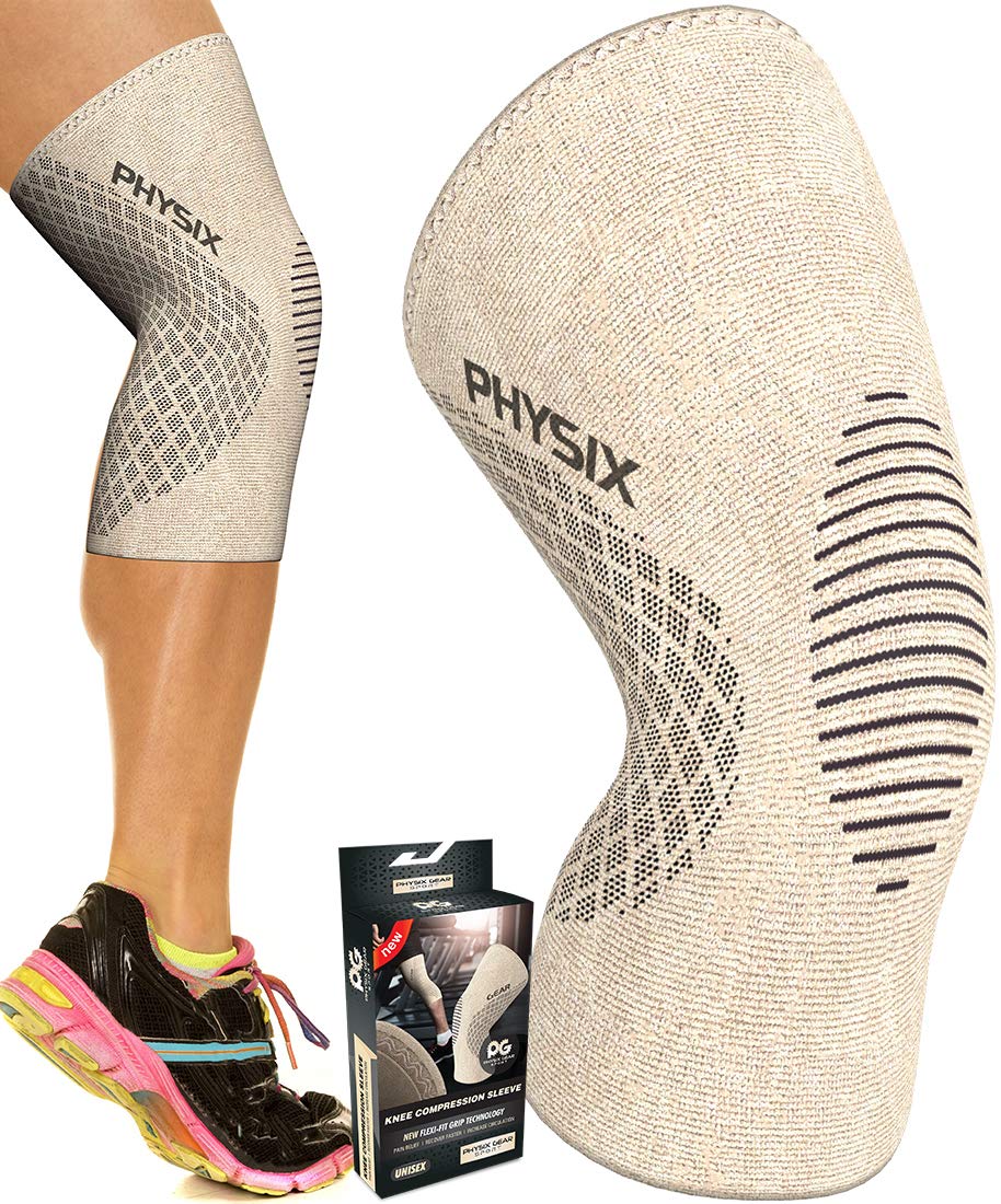 Physix Gear rodillera frontal beige mostrando ajuste y soporte