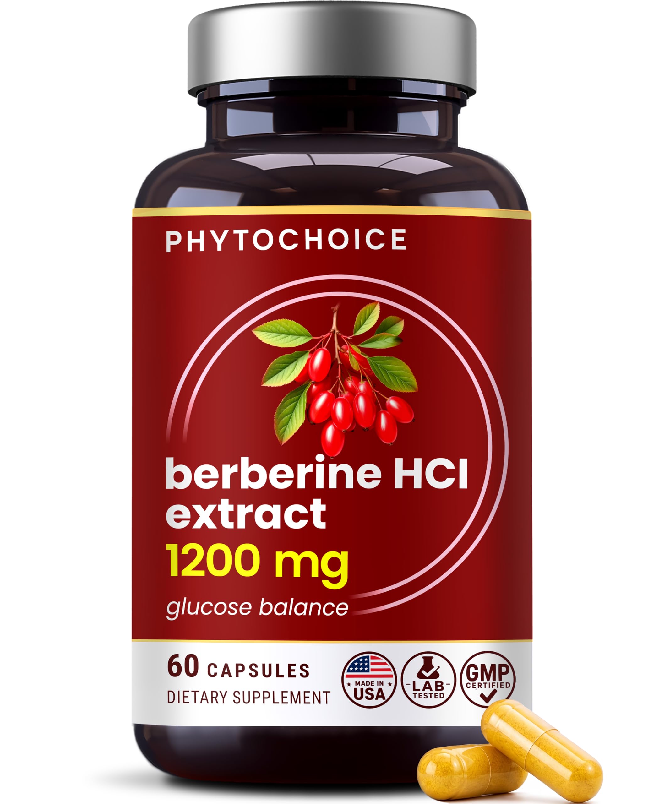 Envase PHYTOCHOICE Pure Berberine HCl 1200mg mostrando etiqueta clara y beneficios