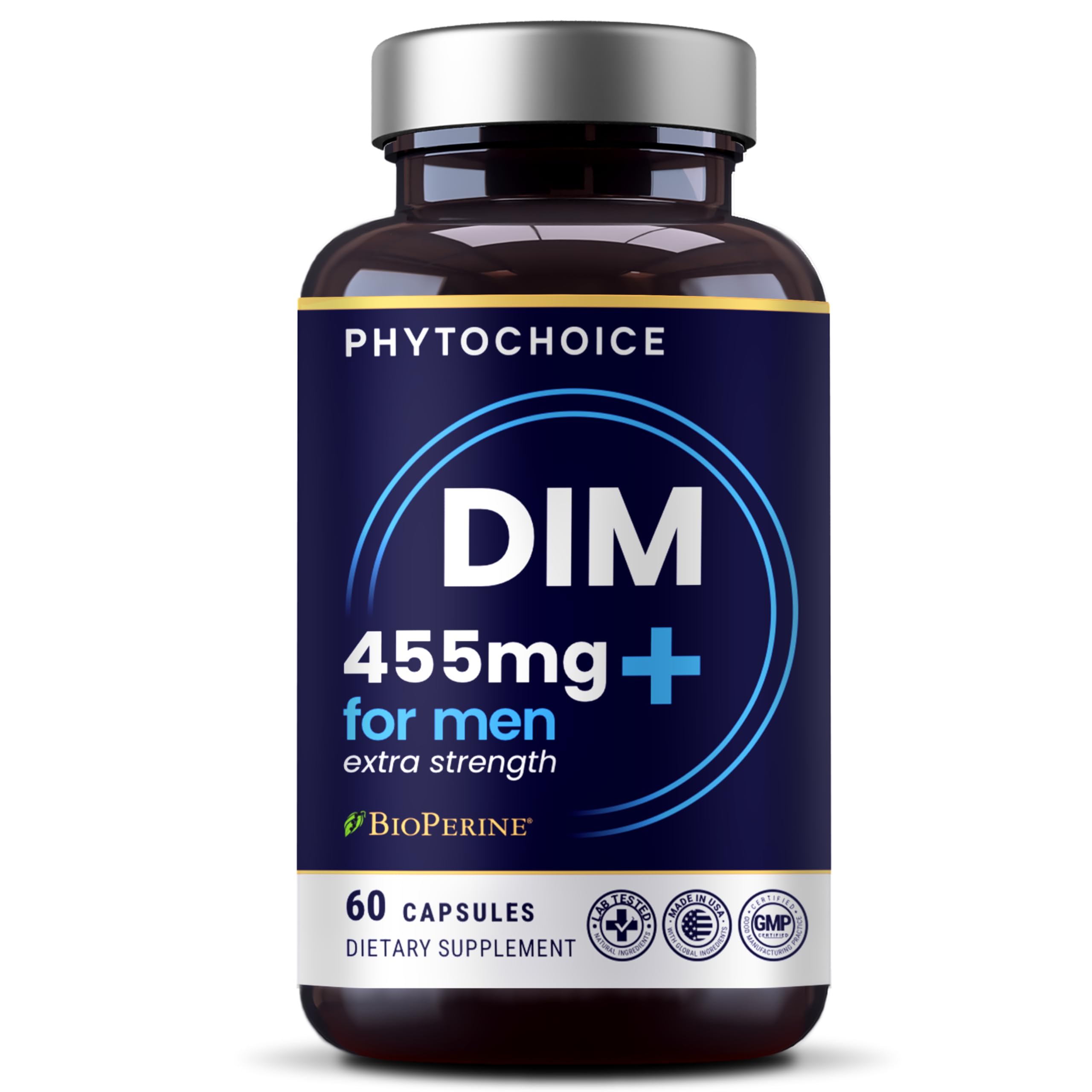 PHYTOCHOICE frasco frontal de DIM for Men mostrando etiqueta y beneficio de alta potencia