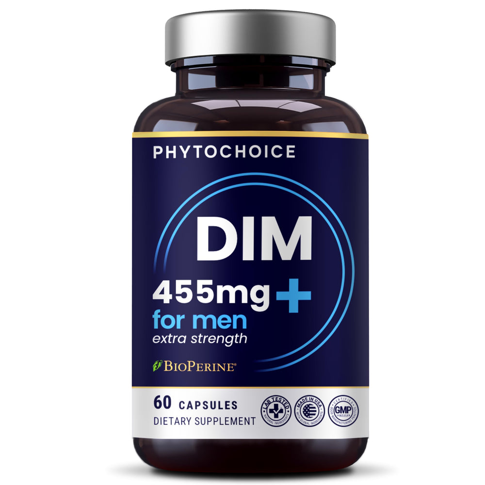 PHYTOCHOICE frasco frontal de DIM for Men mostrando etiqueta y beneficio de alta potencia