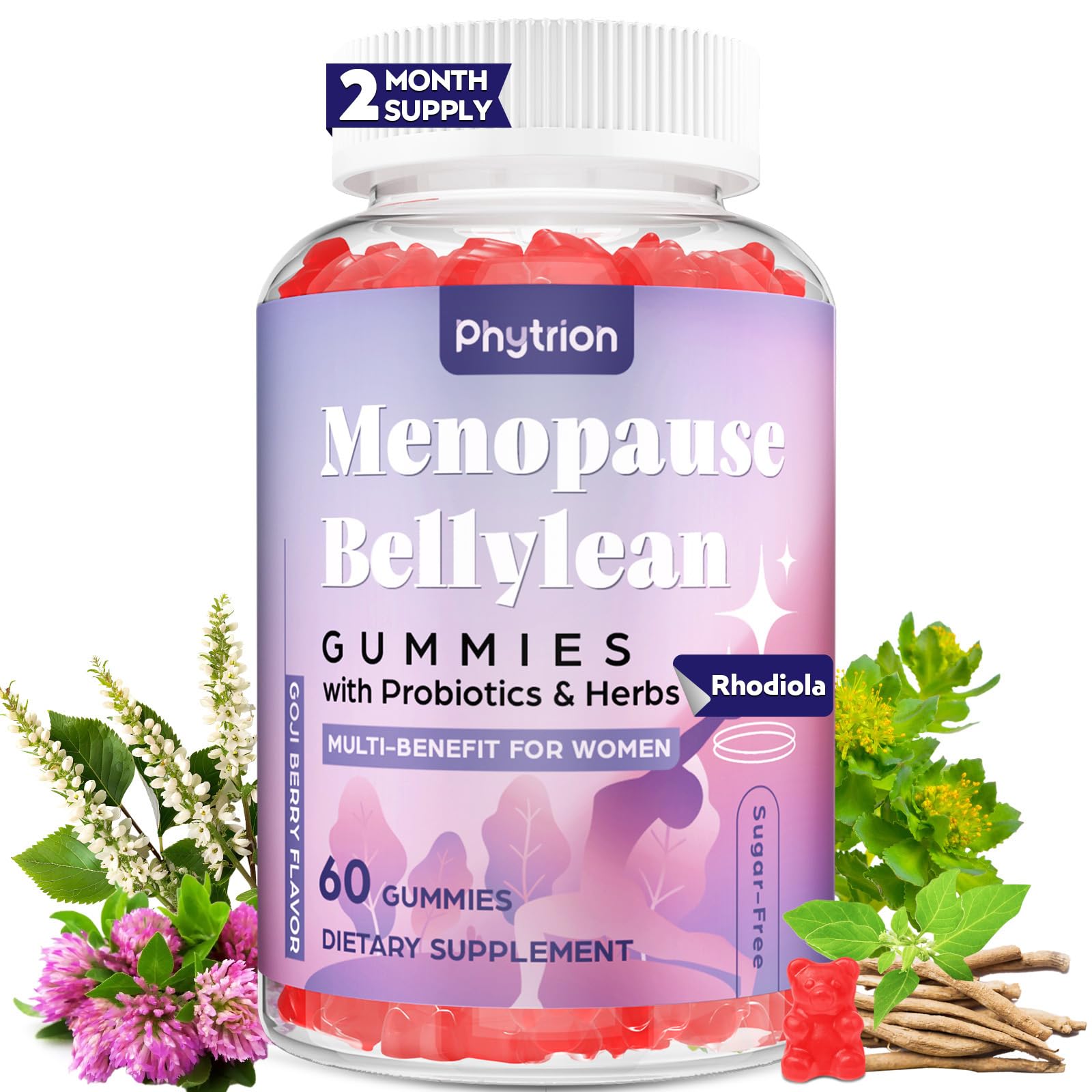 Phytrion envase frontal de gomitas para menopausia mostrando porciones y beneficios