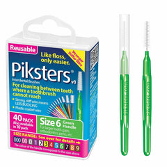 Piksters empaque frontal mostrando 40 cepillos y beneficios prácticos
