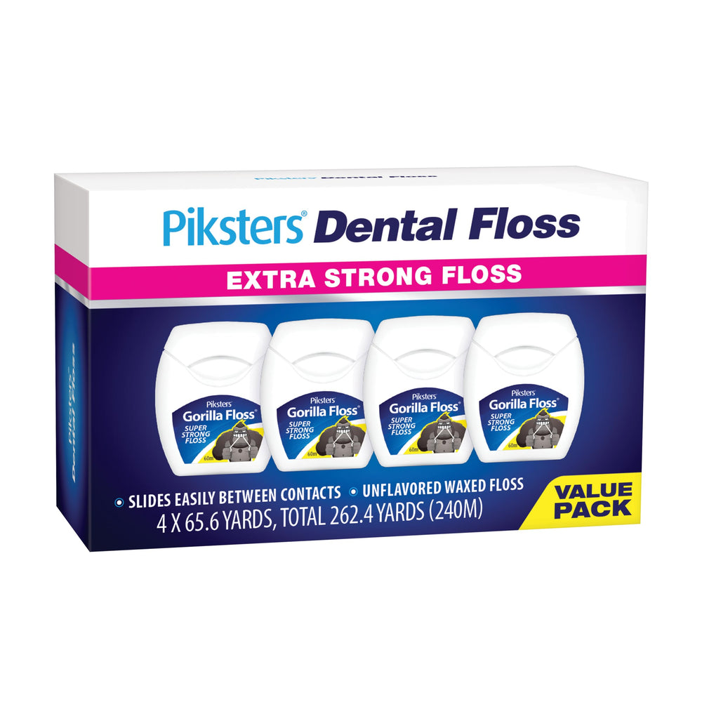 Piksters Gorilla Floss paquete frontal mostrando 4 unidades y durabilidad