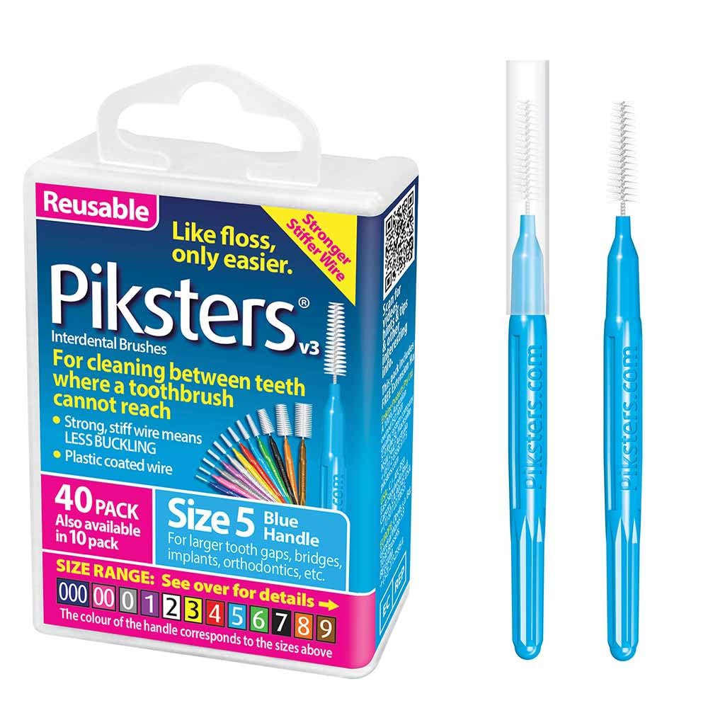 Piksters pack frontal mostrando 40 cepillos para limpieza interdental eficientemente