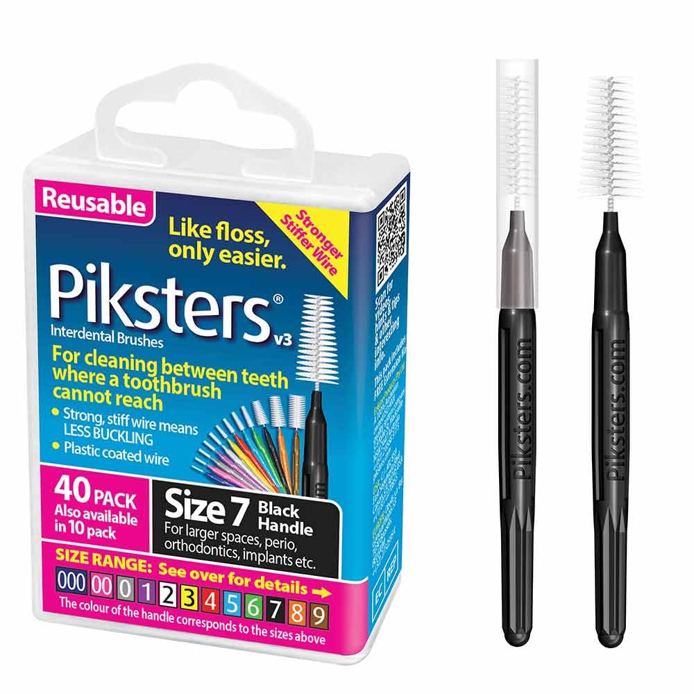 Piksters envase frontal mostrando 40 cepillos para espacios amplios