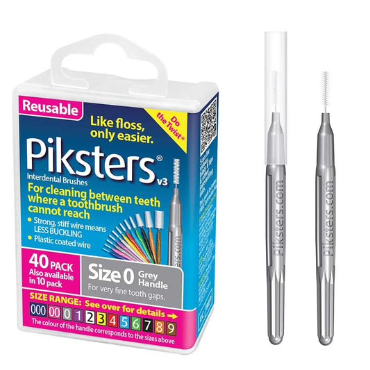 Piksters pack frontal mostrando 40 cepillos para higiene interdental, práctico para viajes