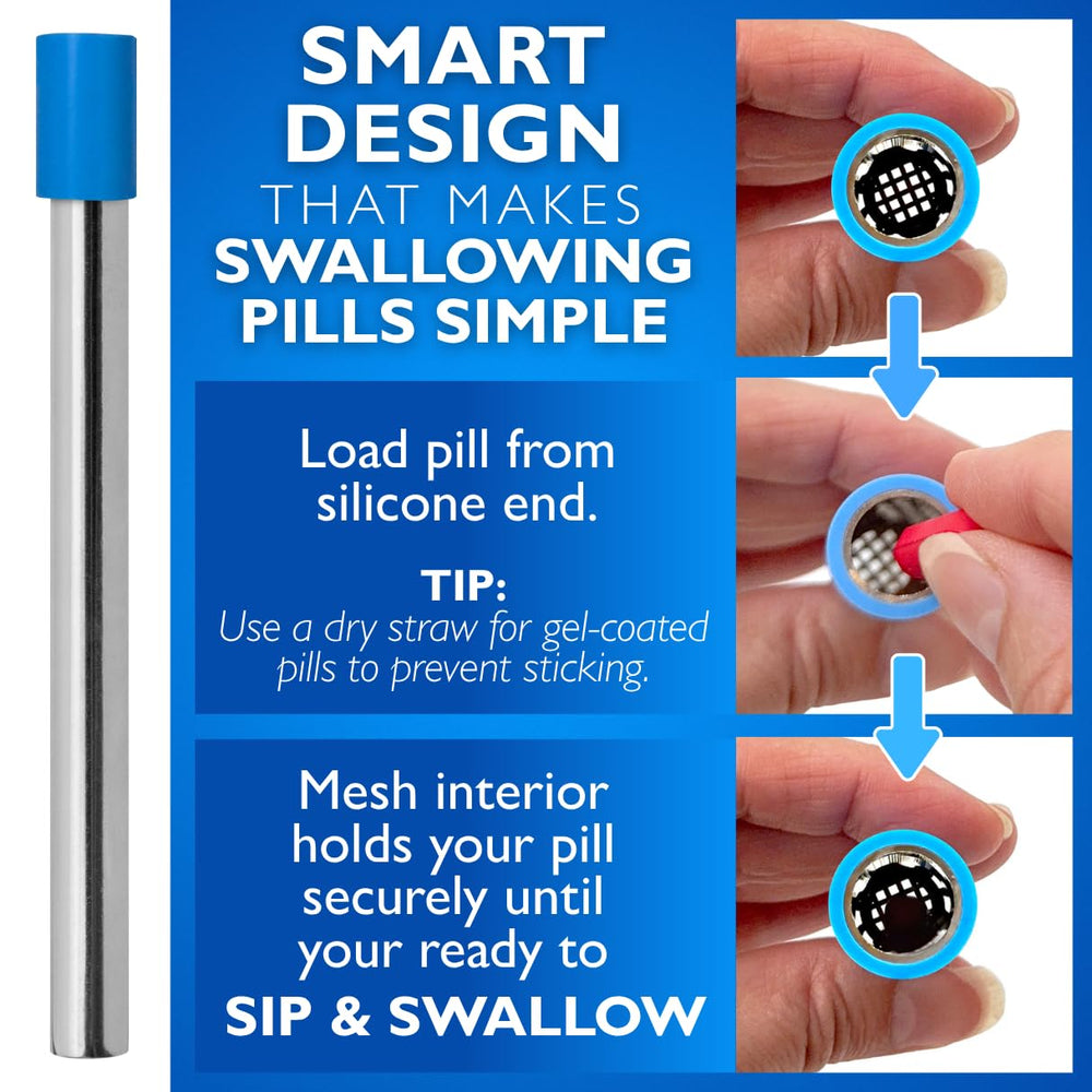 PILL THING pajita en uso con vaso, facilita tragar pastillas al beber