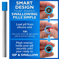 PILL THING pajita en uso con vaso, facilita tragar pastillas al beber