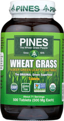 Pines pasto de trigo frente del envase mostrando 500 tabletas y beneficios