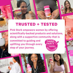 Pink Stork caja abierta con frasco y cápsulas mostrando suministro de 30 días