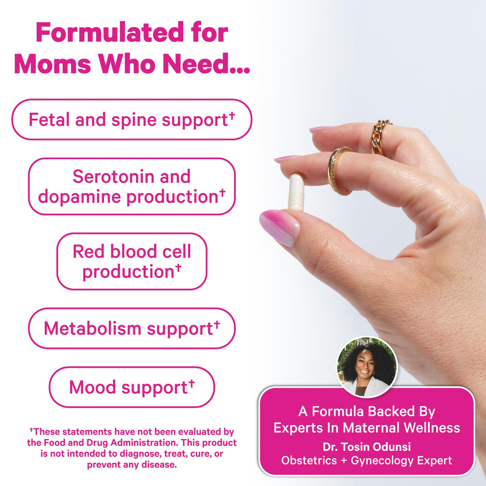 Pink Stork etiqueta nutricional con L-5 Methylfolate y dosis clara