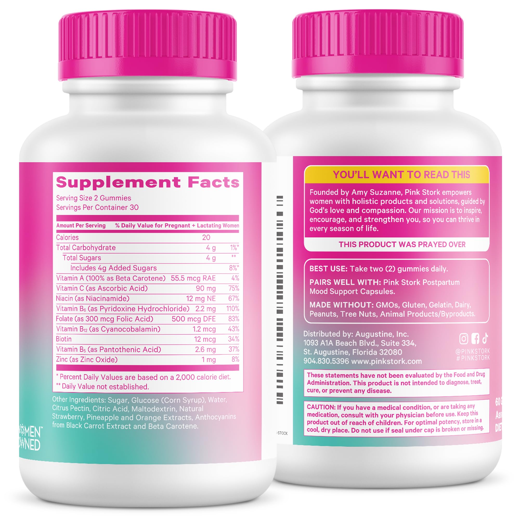 Frasco Pink Stork con 60 gomitas dispuesto para mostrar conteo y almacenamiento