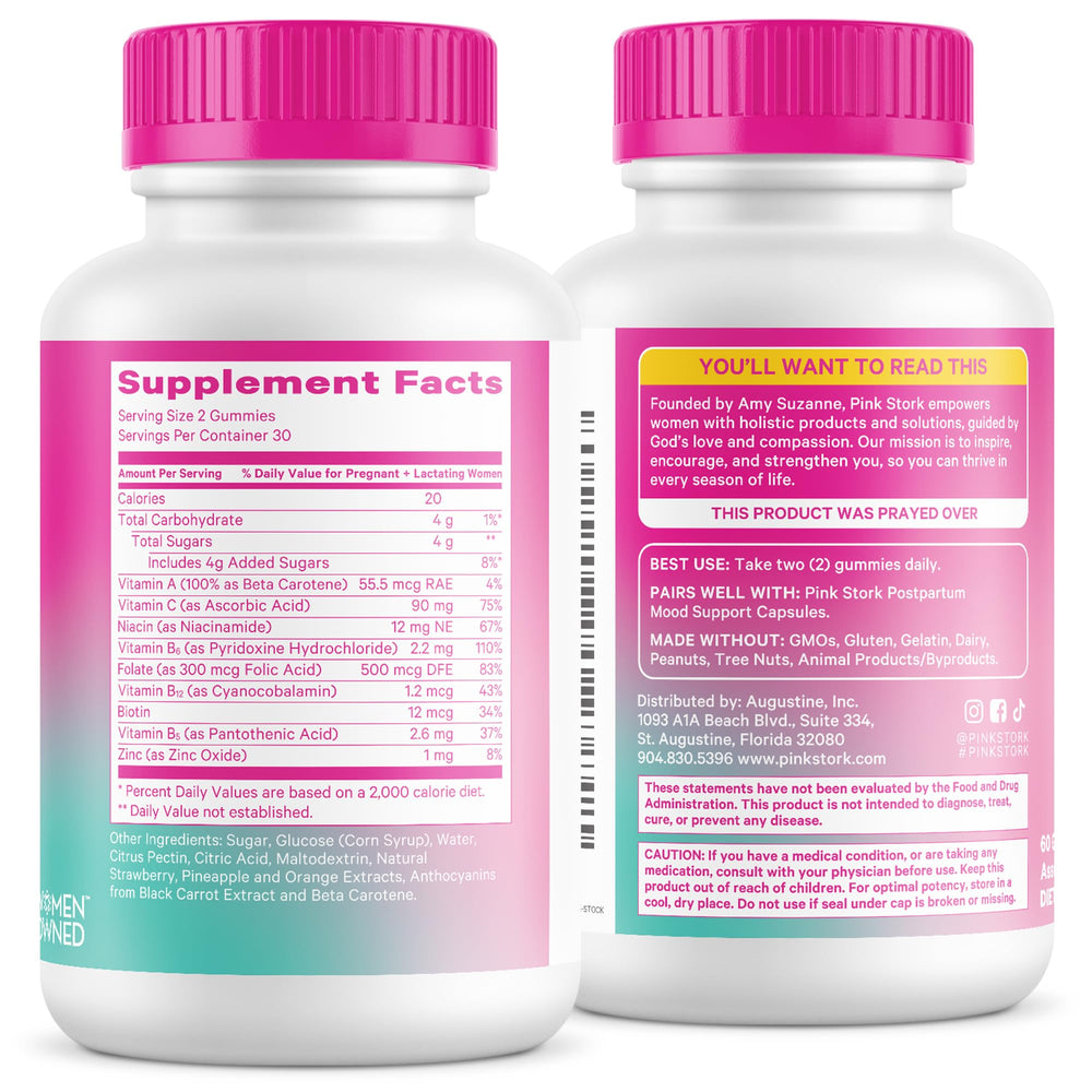 Frasco Pink Stork con 60 gomitas dispuesto para mostrar conteo y almacenamiento
