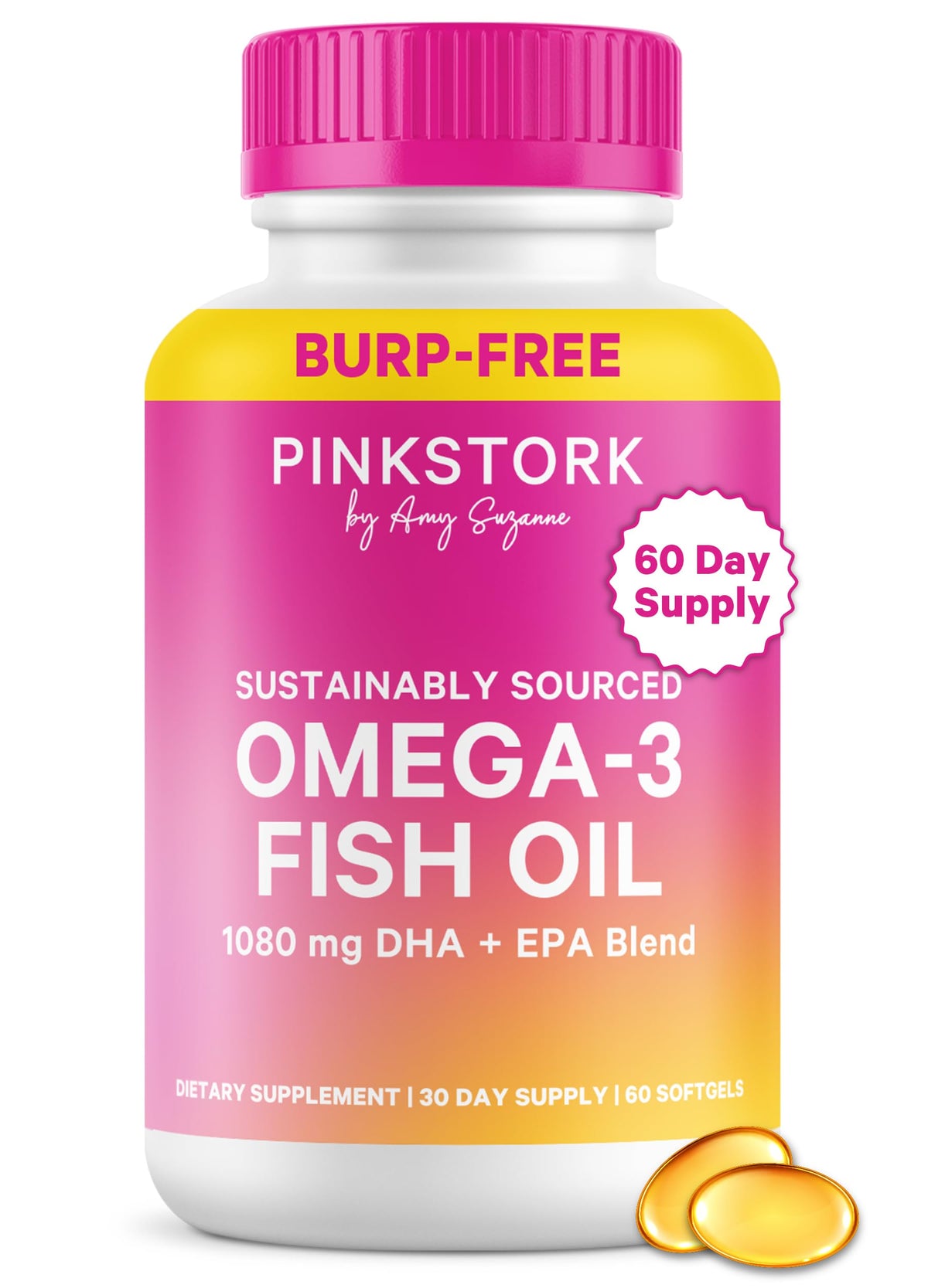 Pink Stork frasco delantero mostrando 60 softgels y diseño claro, facilita identificación