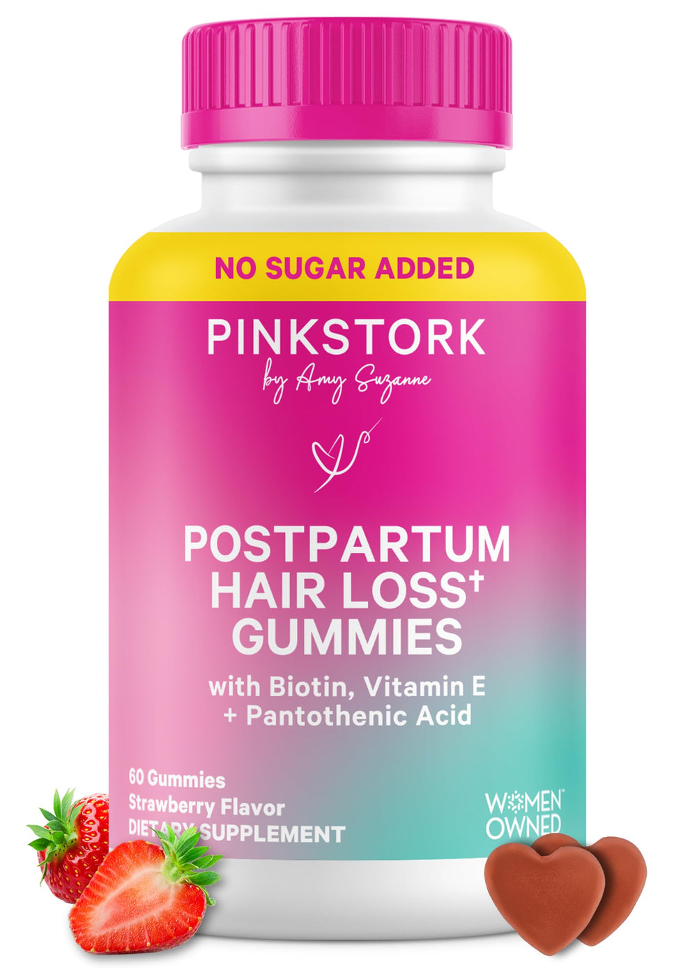 Pink Stork frasco frontal mostrando 60 gomitas, facilita suplementación diaria