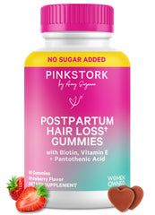 Pink Stork frasco frontal mostrando 60 gomitas, facilita suplementación diaria