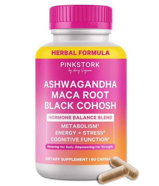 Pink Stork frasco frente mostrando etiqueta y beneficio de equilibrio hormonal