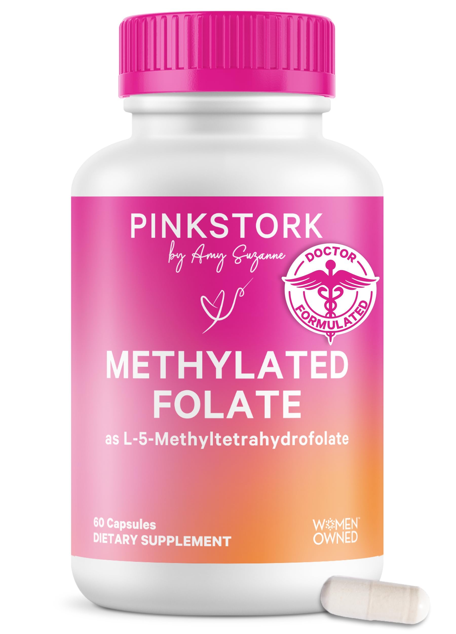 Pink Stork frente del empaque mostrando folato metilado y beneficios destacados