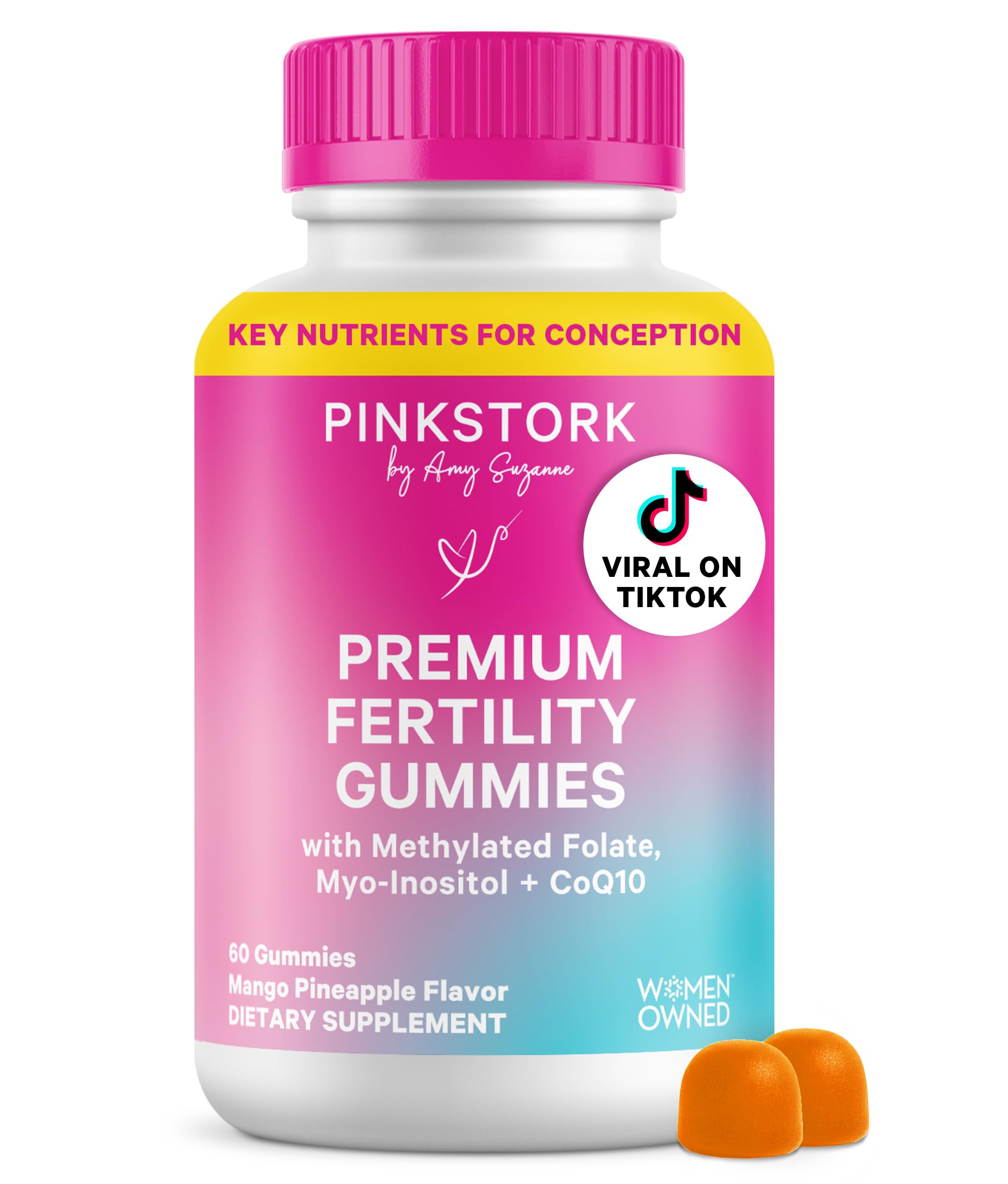 Envase frontal de Pink Stork Fertility Gummies mostrando diseño y dosis fácil