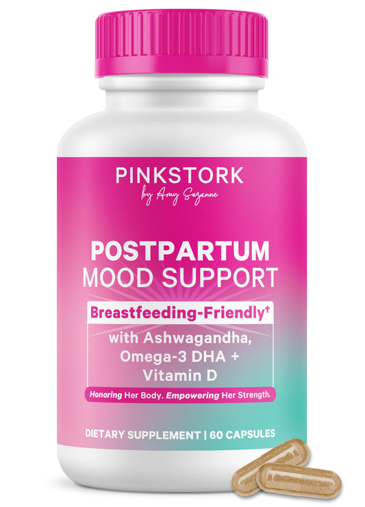 Pink Stork frente del envase mostrando apoyo posparto y beneficios claros