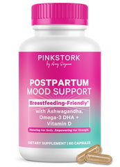 Pink Stork frente del envase mostrando apoyo posparto y beneficios claros