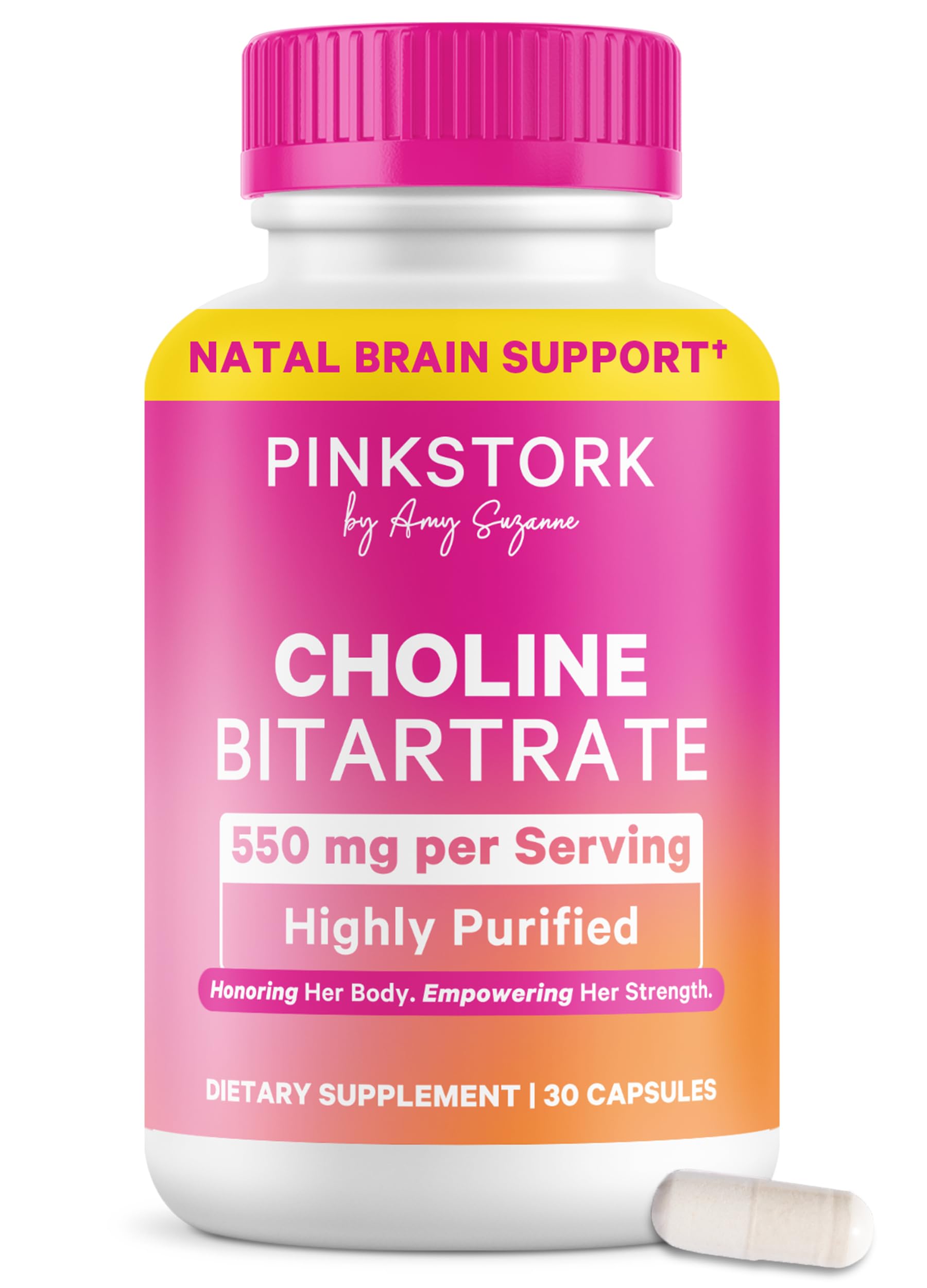 Pink Stork frasco frontal mostrando la etiqueta y beneficio de suplementación