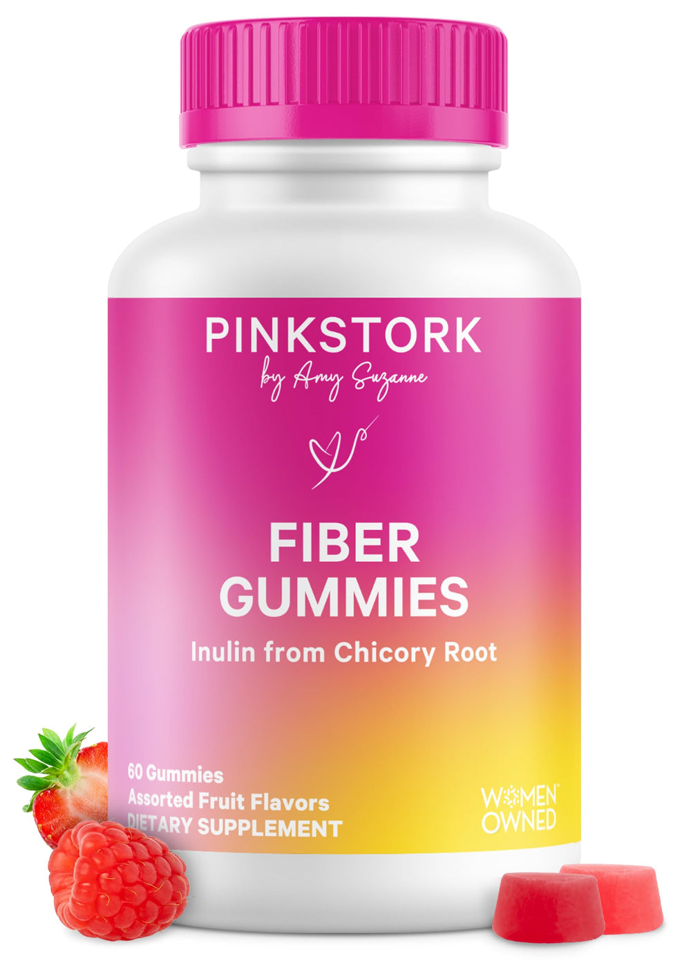 Pink Stork empaque frontal mostrando 60 gommas veganas y beneficio digestivo