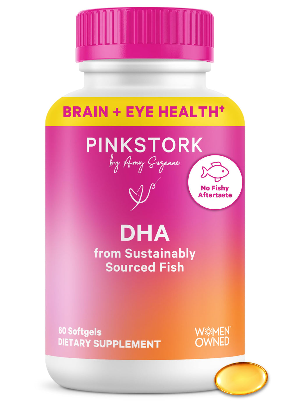 Pink Stork empaque frontal mostrando 60 cápsulas y beneficio de apoyo prenatal