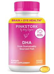 Pink Stork empaque frontal mostrando 60 cápsulas y beneficio de apoyo prenatal