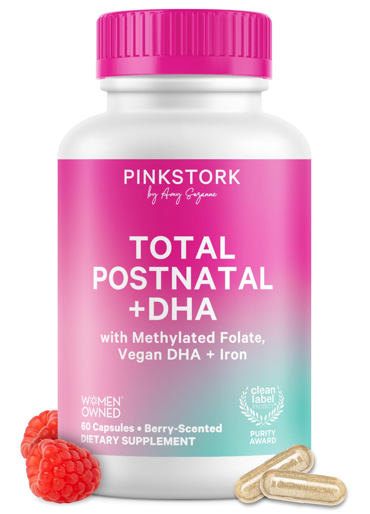 Pink Stork envase frontal berry mostrando fórmula postnatal y beneficios