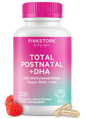 Pink Stork envase frontal berry mostrando fórmula postnatal y beneficios