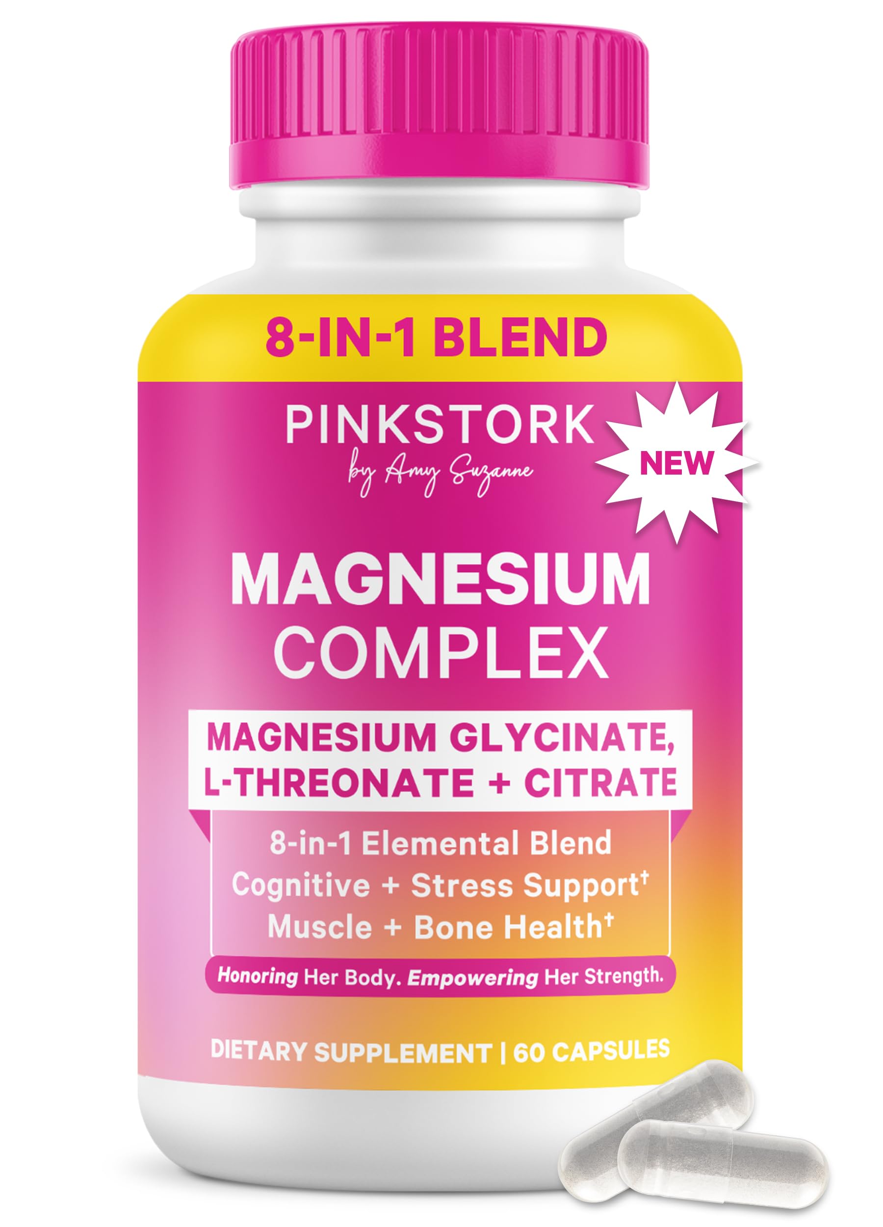 Pink Stork envase frontal del Magnesium Complex que muestra dosis y 8 formas