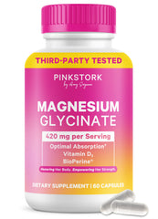 Pink Stork envase frontal de Magnesium Glycinate con vitamina D para confianza