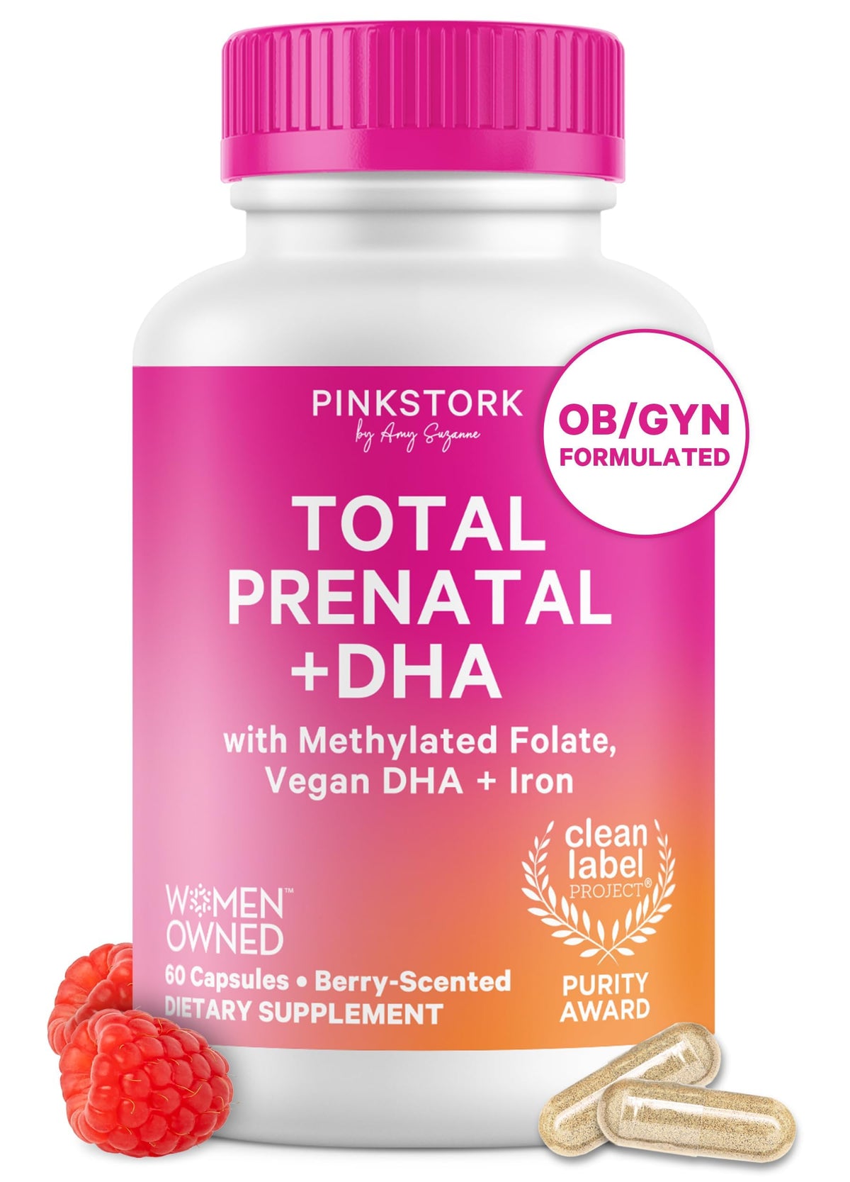 Pink Stork frasco frontal Total Prenatal + DHA mostrando la presentación y beneficio completo