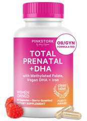 Pink Stork frasco frontal Total Prenatal + DHA mostrando la presentación y beneficio completo