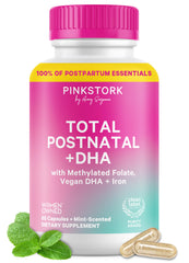 Pink Stork envase frontal mostrando beneficios posparto y diseño limpio