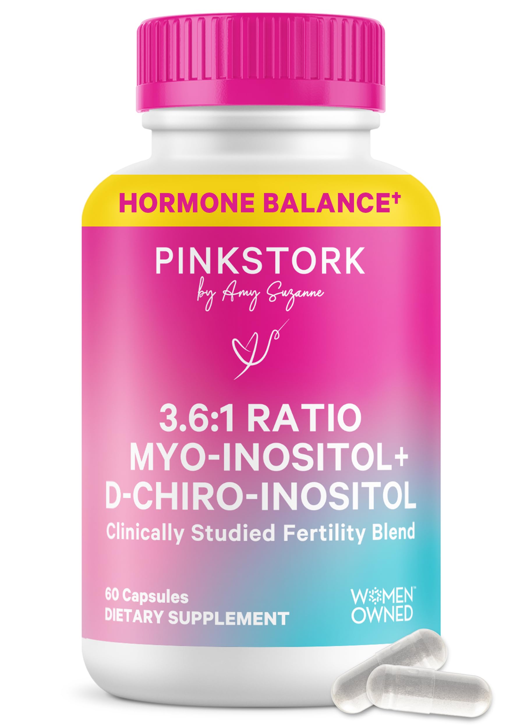 Pink Stork envase frontal claro que muestra la presentación y beneficio de apoyo hormonal