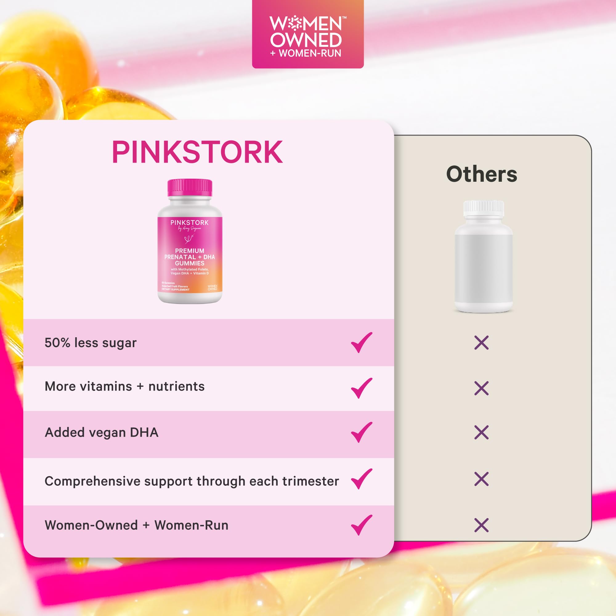 Pink Stork gominolas en mano mostrando porción diaria y escala práctica